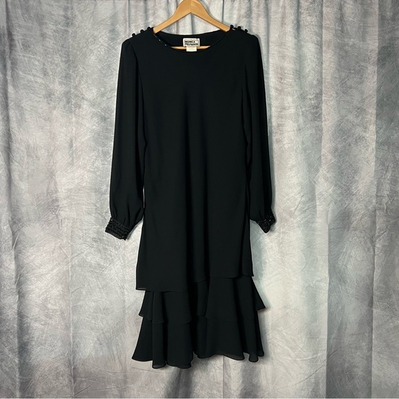 Monica Richards Vintage Elegant Black Layered Dress with Semi-Sheer Sleeves - Picture 6 of 11